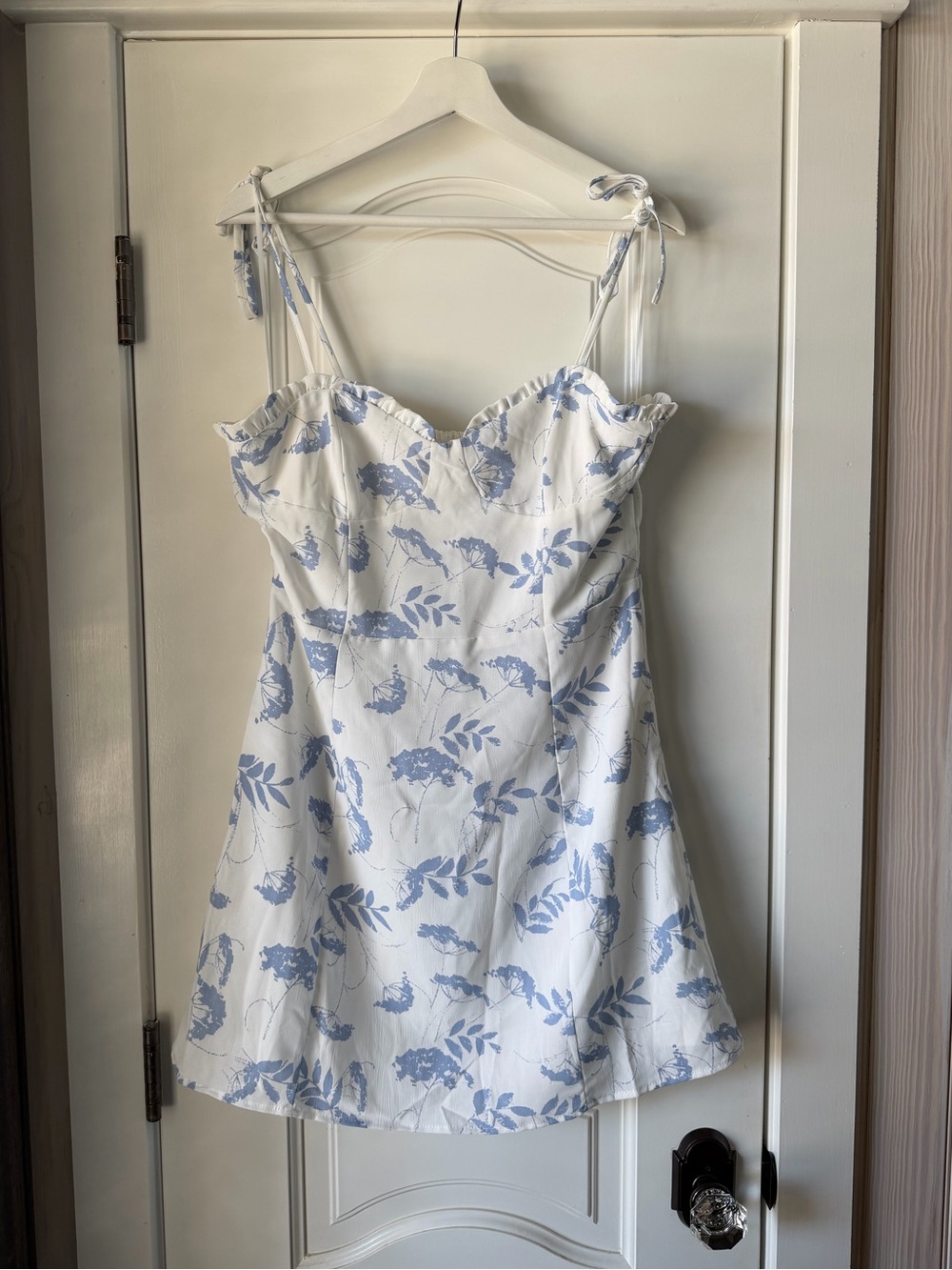 Tie-Shoulder Floral Slip Dress in Blue and White